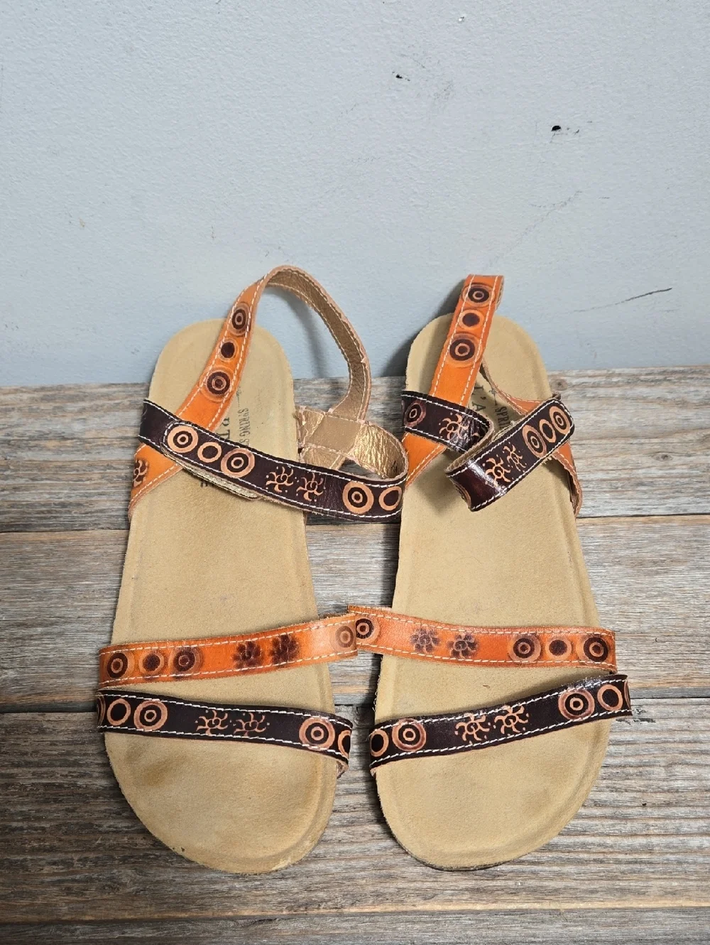 L'ATISTE Spring Step Women's Orange and Brown Leather Cork Strappy Sandal